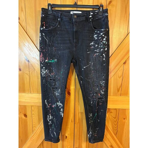 Zara Women Black Distressed Paint Splatter Design Stretch READ Size 34 (8969) - Picture 1 of 9